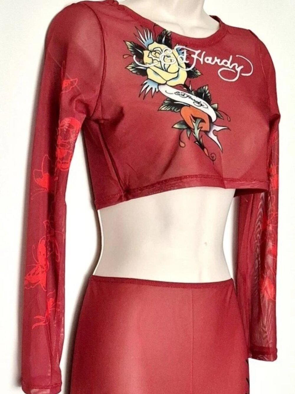 Ed Hardy Swim Two Piece Set Mesh Cover-up Rose Tattoo Rhinestone Red Size L NWT